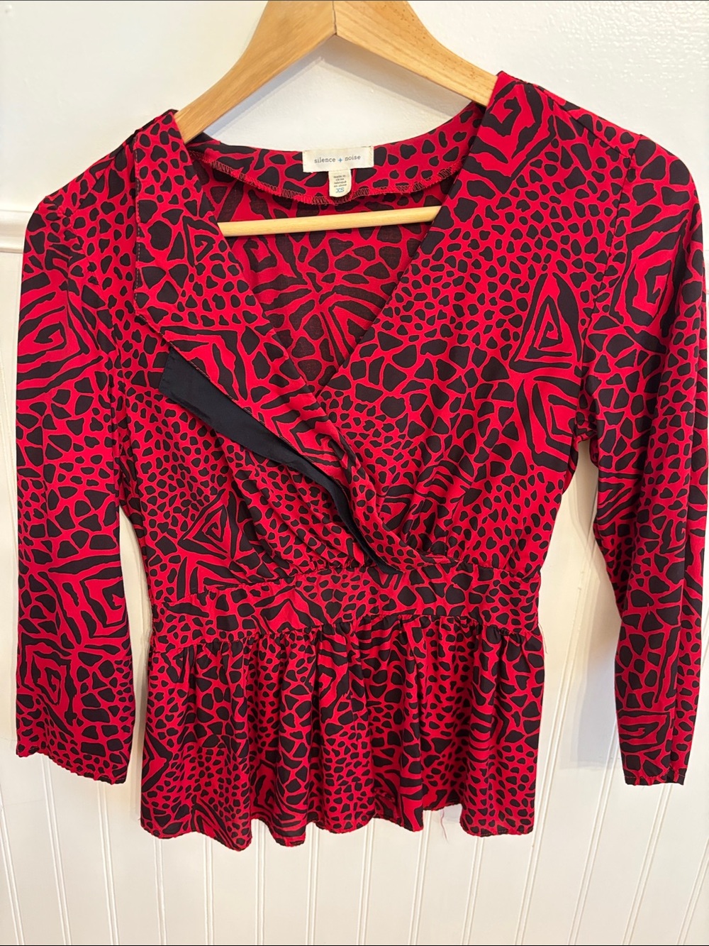 silence + noise Red and Black Printed Surplice Peplum Top
